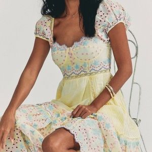 LOVESHACKFANCY Yellow Magena Embroidered-Eyelet Cotton Midi Dress